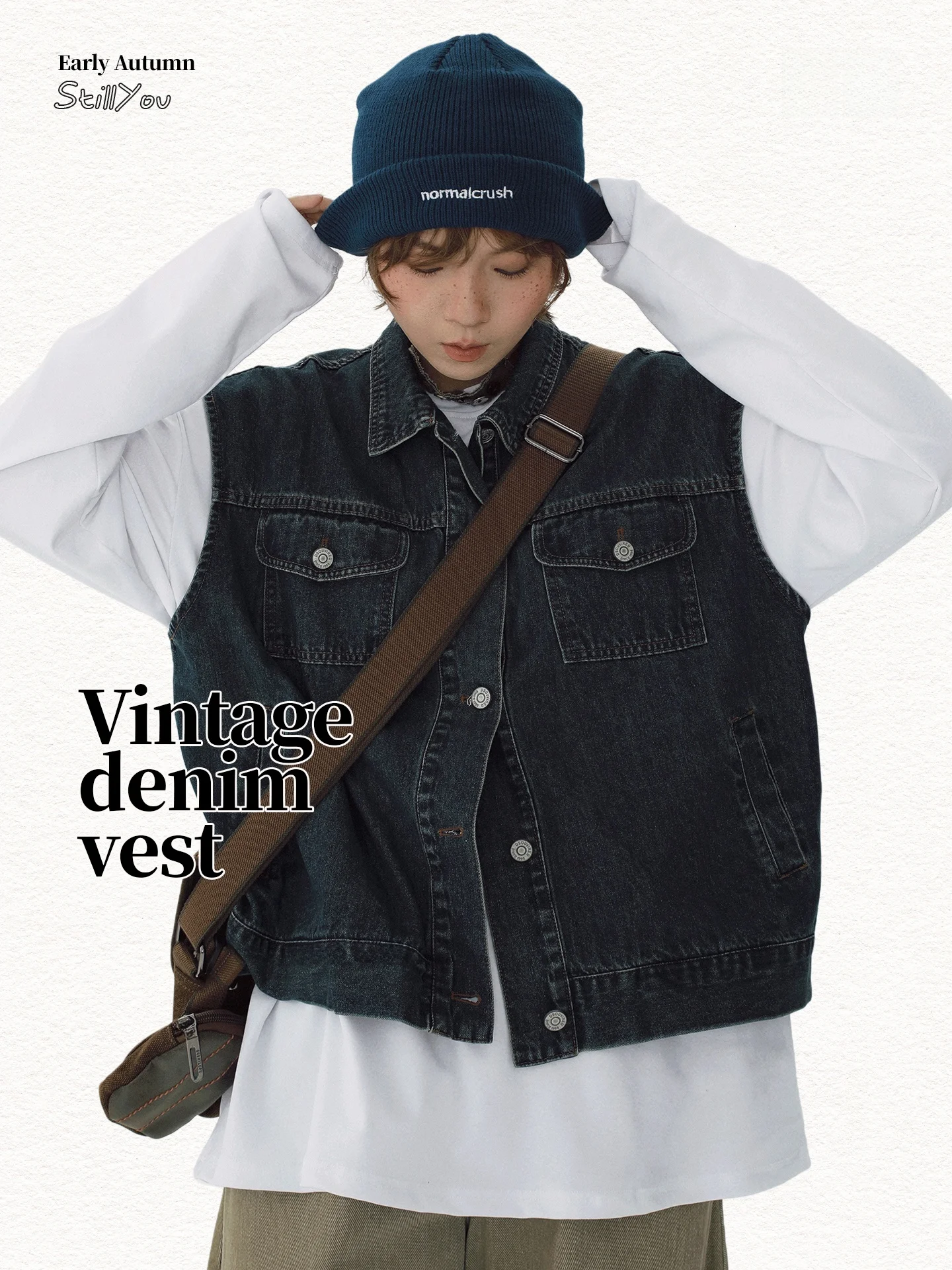 

Ретро-жилет из денима с воротником, универсальный, свободного кроя, в уличном стиле, с подплечниками, весна-осень, смесь хлопка и полиэстера