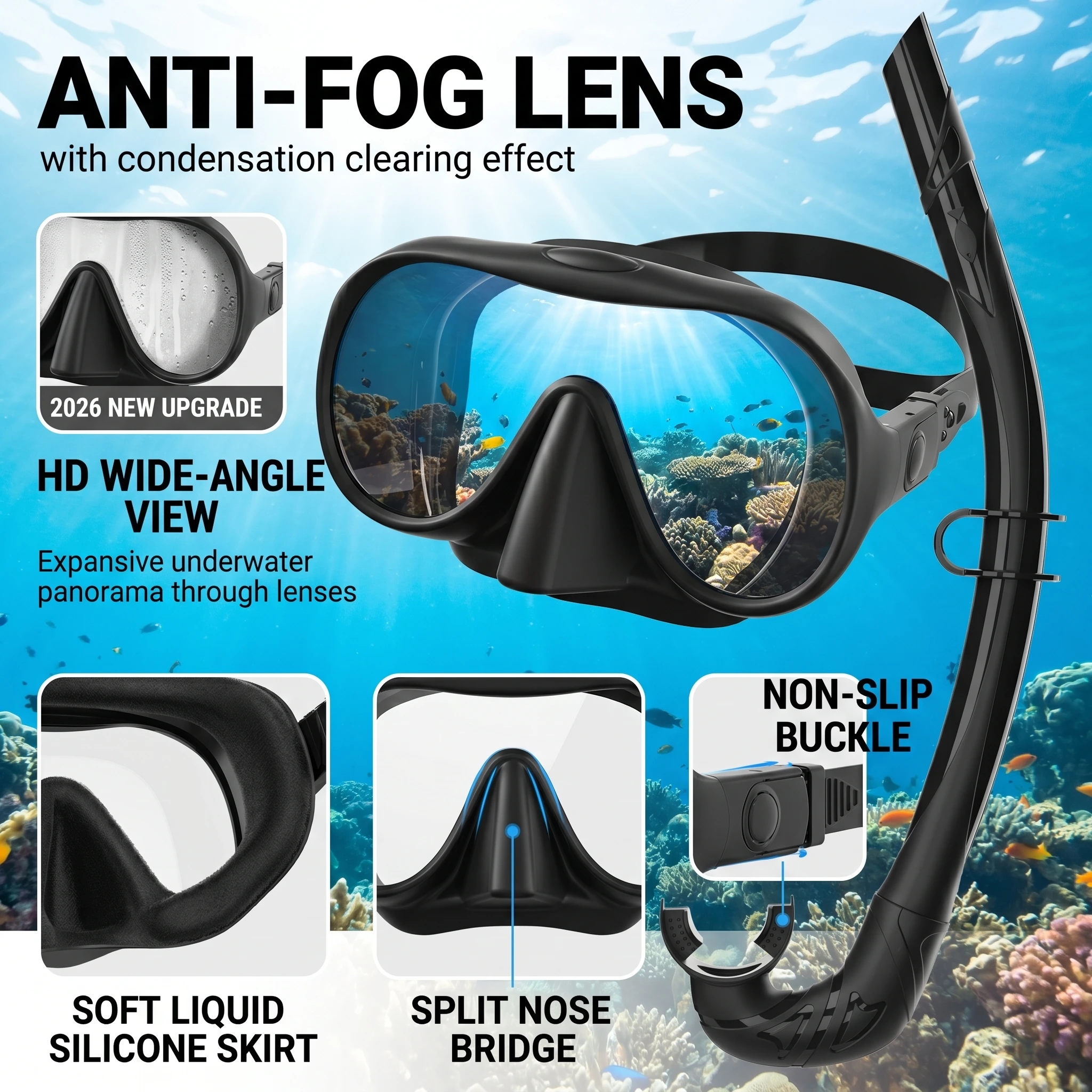 2026 New Upgrade Diving Facial Mirror, Anti -fog 180 ° Snorkeling Facial Mirror, Deep Water Diving Mask Diving Goggles With Resp