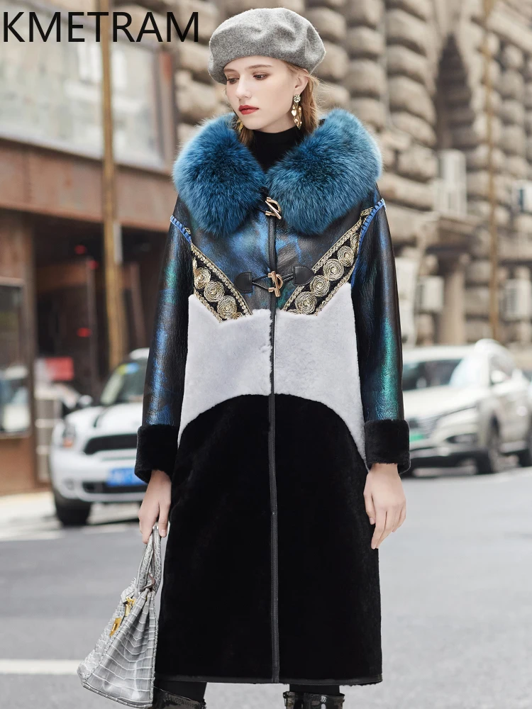 เสื้อโค้ทขนแกะแท้ KMETRAM พร้อมปกขนสุนัขจิ้งจอก เสื้อผ้าสำหรับผู้หญิง สีดำ แบบยาว มีฮู้ด เสื้อคลุมกันหนาว ปี 2025 fourrures