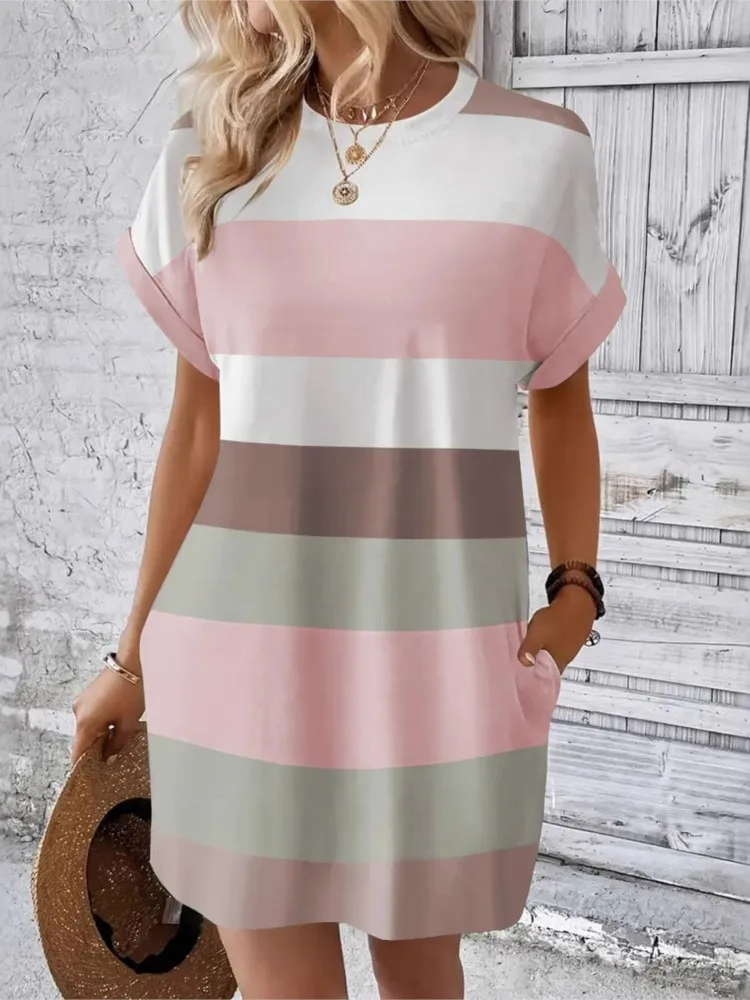 Vestido informal a rayas para mujer, Mini Vestidos a la moda de manga corta con cuello redondo, ropa de calle para vacaciones en la playa, Vestidos, ropa para mujer nueva
