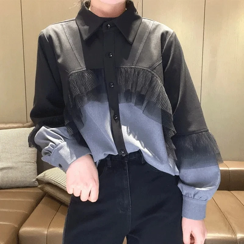 

French Style Mesh Patchwork Shirt Women Polo Collar Single Breasted Spring Autumn New Blouse Female Versatile Trendy Ladies Tops