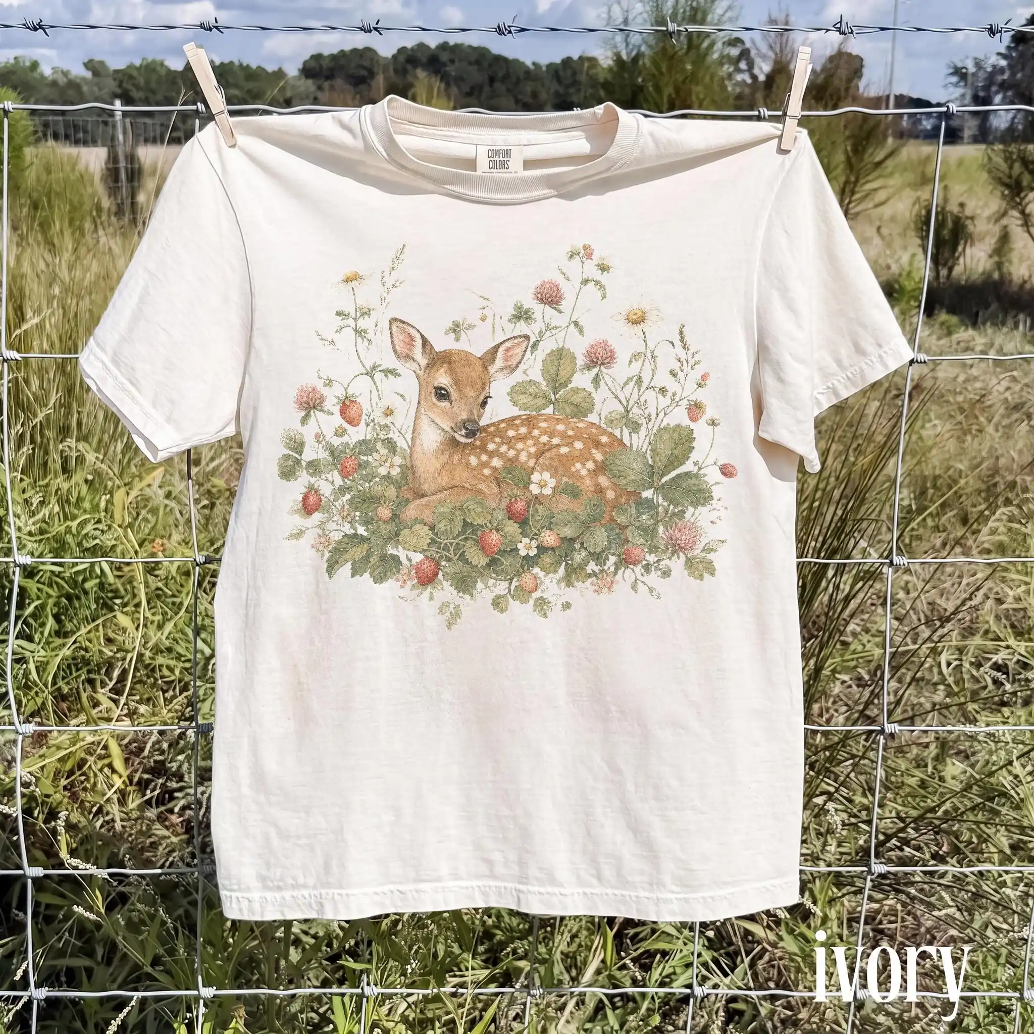 Fawn Strawberry Shirt, Cottagecore Deer Tee, Vintage Botanical Woodland Graphic, Cute Nature Gift T-shirt