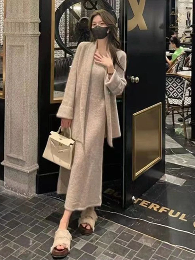 BZVW Fashion Knited Two-piece For Women V-neck Sleeveless Gathered Waist Dress With Casual Cardigan 2024 Autumn New 25A9228