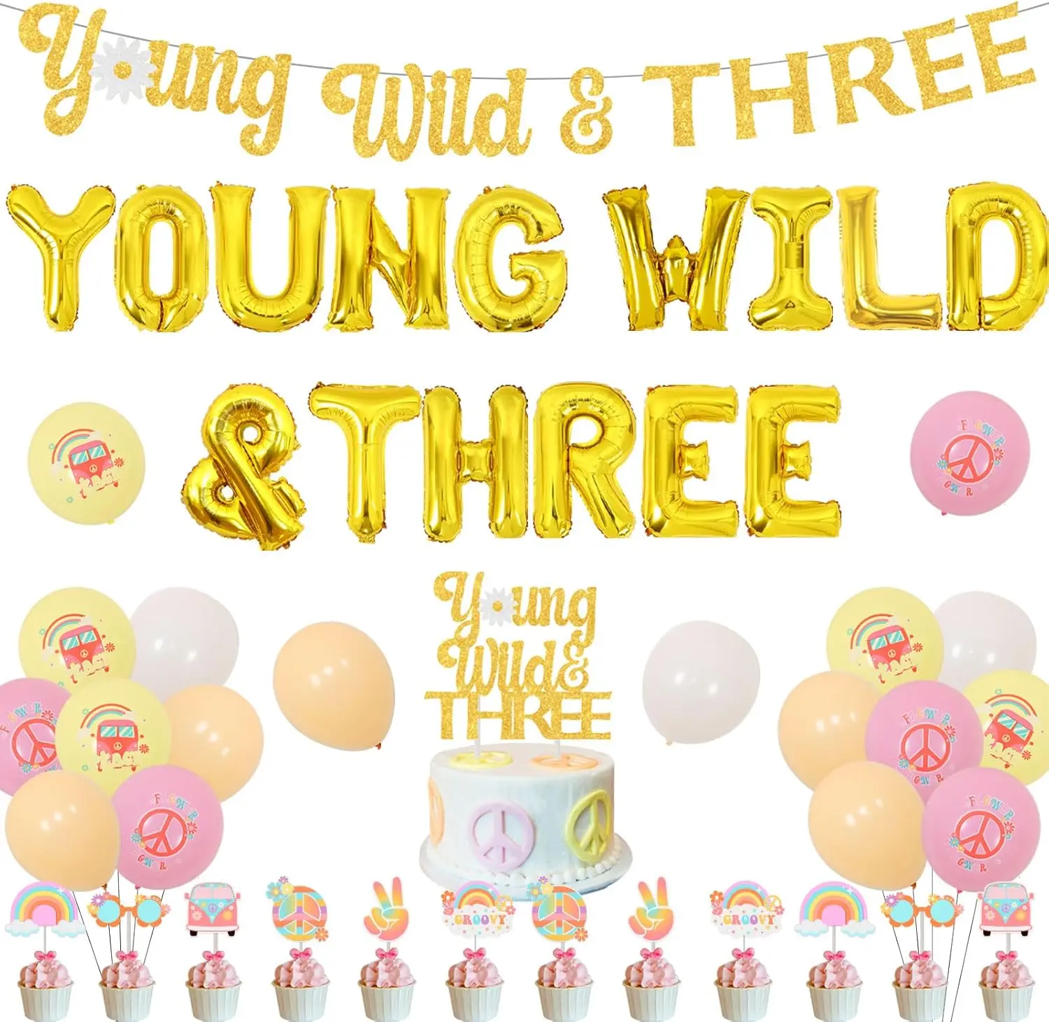 

Funmemoir Groovy 3rd Birthday Decorations for Girls Young Wild and Three Banner Cake Toppers Daisy Balloons Retro Hippie Theme