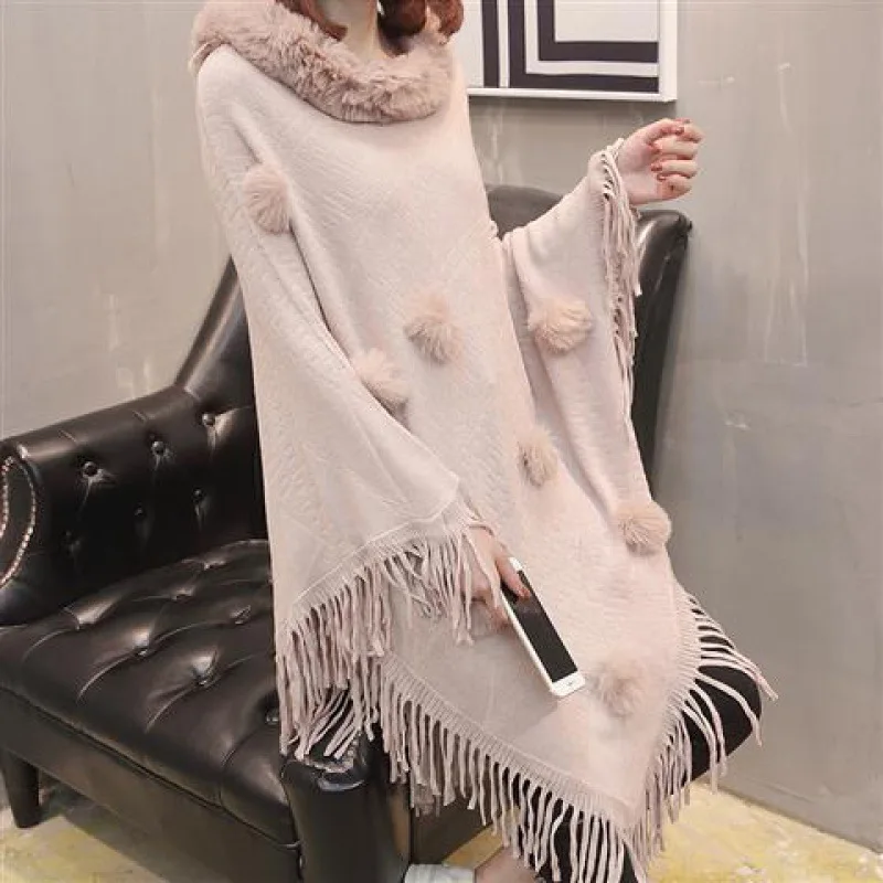 Autumn Winter Imitation Rabbit Fur Ball Women\'s Coat Imitation Wool Collar Pullover Shawl Warmth Poncho Capes Red Cloaks