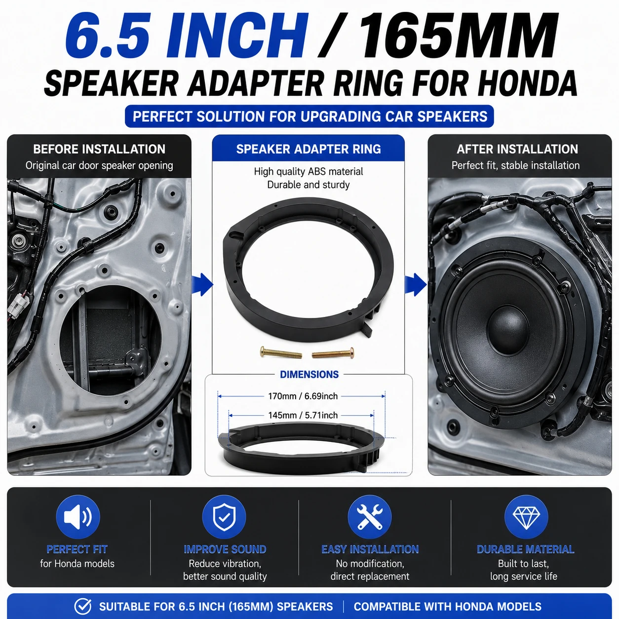 For Honda 6.5 Inch Speaker Adapter Rings 165mm Car Audio Door Speaker Spacer Bracket