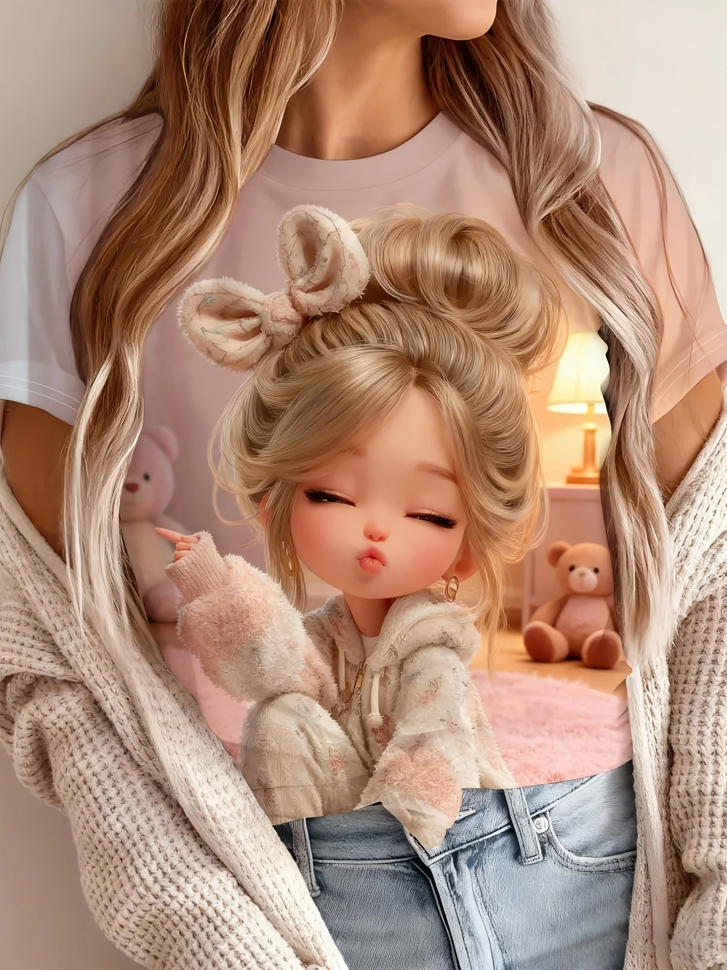 Women Crew Neck Short Sleeve T‑Shirt, Cute 3D Cartoon Girl With Teddy Bear Cozy Room Art Graphic Casual Tee