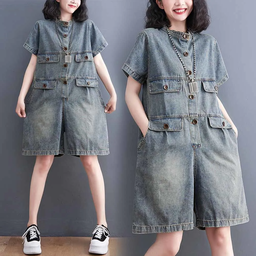 Summer Denim Overalls Short Sleeve Jumpsuit Women Vintage Streetwear Hip Hop Loose Wide Leg One Piece Shorts Sets Jeans Romper