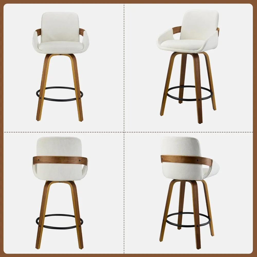 Beige Fabric Swivel Bar Stools with Back, Walnut Bentwood Mid-Century Design, Modern Set of 2 Bar Chairs with Curved Back.