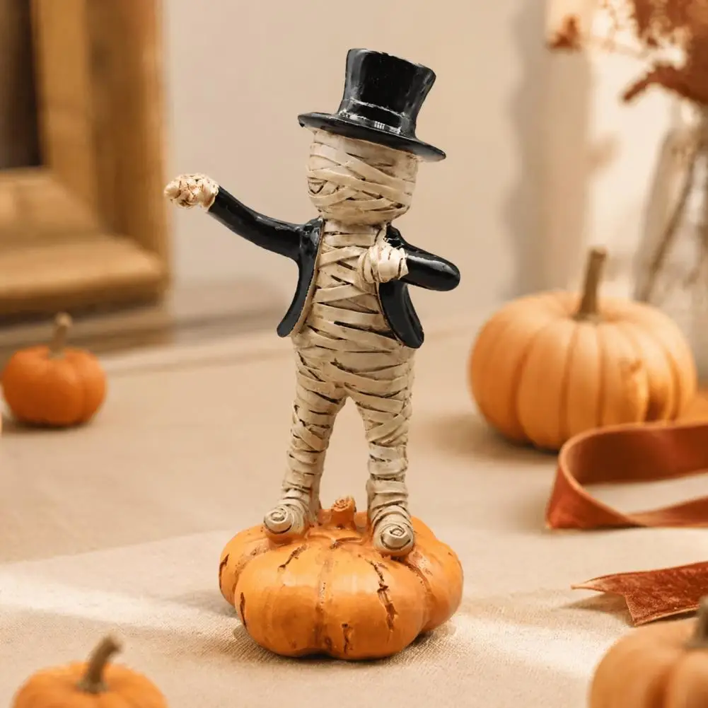 Halloween Mummy Ornament Resin Dancing Mummy Figurine Dancing Mummy Figurines with Pumpkin Base Gentleman Statue with Top Hat