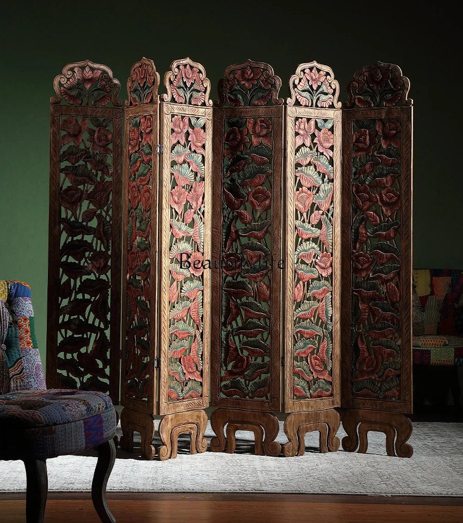 

Southeast Asia Hand Carved Solid Wood Painted Hallway Jucai Subareas Screens Folding Accordion Partition