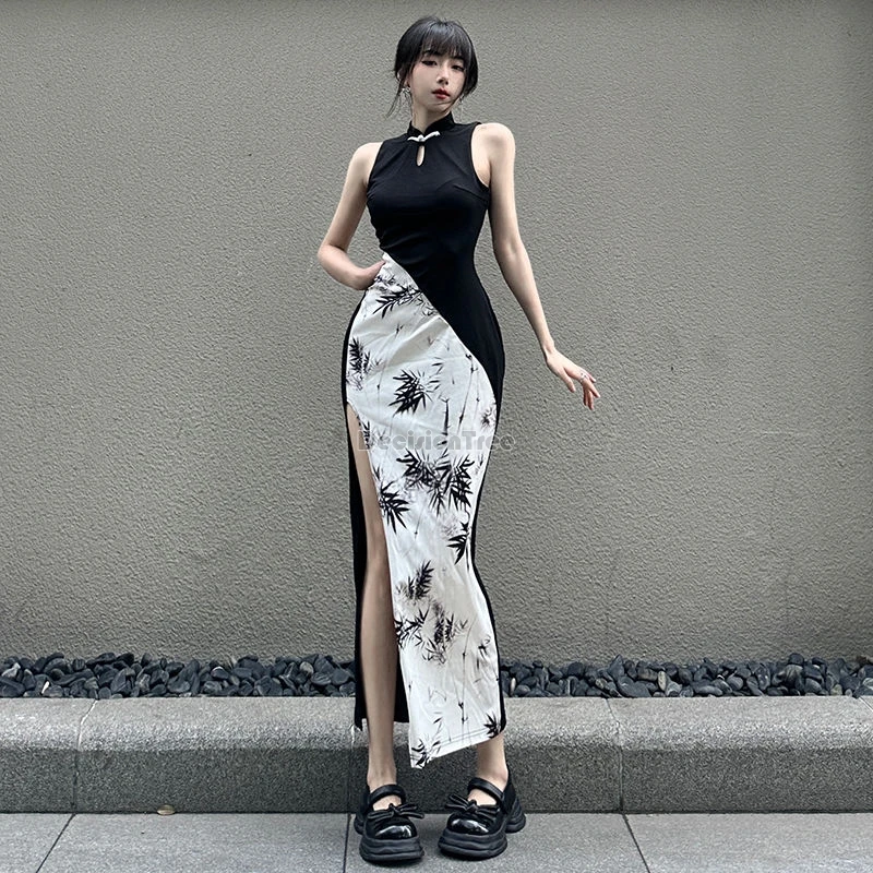 2025  improved chinese style  temperament cheongsam hollow out sleeveless split patchwork dress bamboo printing lady party dress