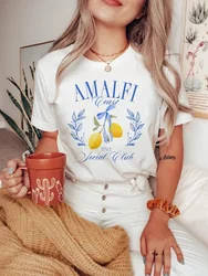 Amalfi Coast Social Club Cartoon Short Sleeved Women's Summer Fashion O-Neck Basic Print Cute Versatile Clothing Top T-Shirt.