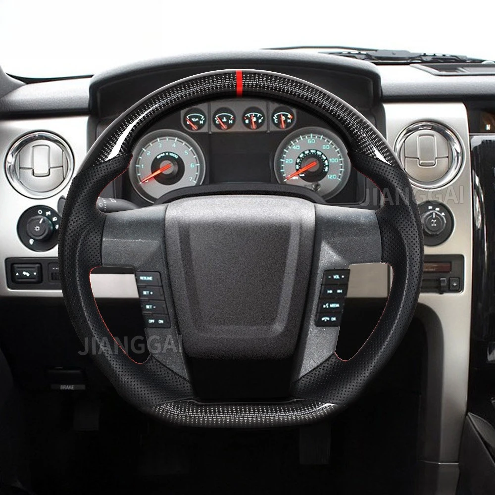 

Real Carbon Fiber Steering Wheel Red Stitching Center Line Fit For Ford F150 2009-2014 Perforated Leather Racing Steering Wheel