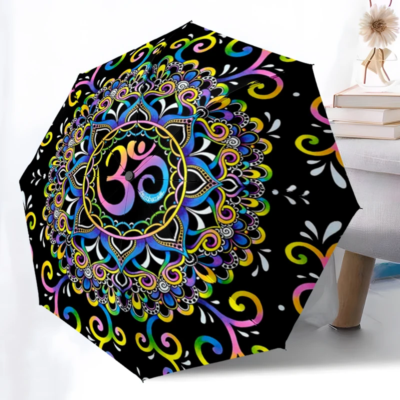 

Красочный складной зонт для медитации и чакры, дизайн с автоматическим открытием, 8, железные ребра, пластиковая ручка, складной солнцезащитный козырек, идеальный рождественский подарок