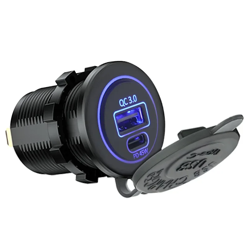 Toma de corriente para cargador de coche, adaptador rápido con interruptor de alimentación, 12V/24V, dos puertos PD de 45W, USB-C y QC3.0