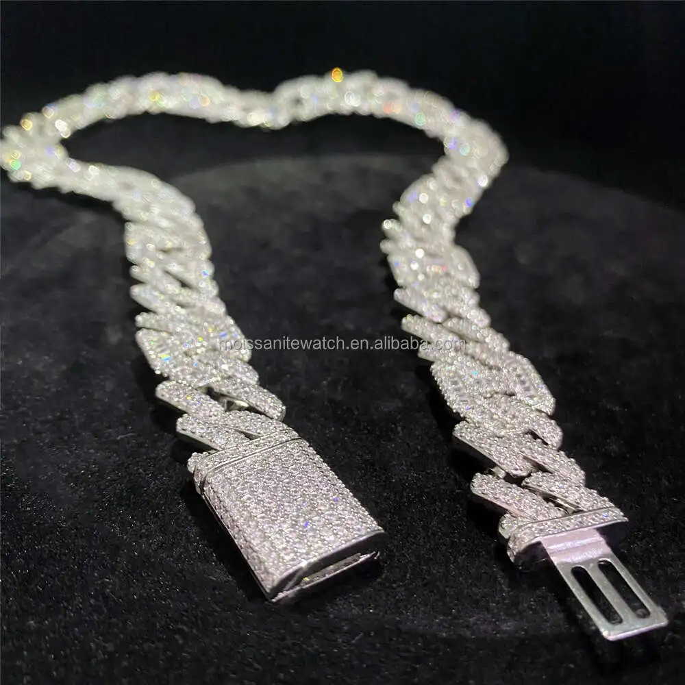 18k Gold Plated White Color Moissanite Baguette Miami Cuban Link Chain Men Hip Hop Jewelry Iced Out Vvs Diamond Cuban Necklace