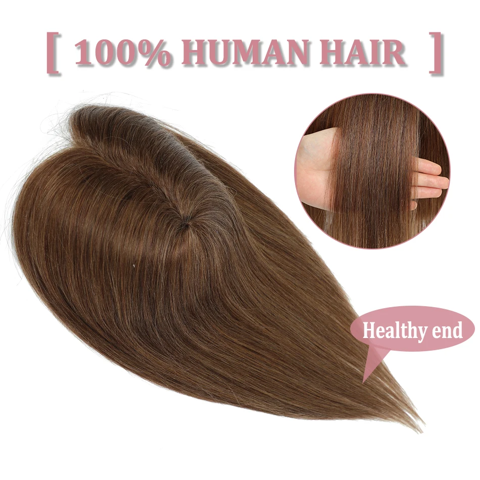 100% Remy Human Hair Topper Straight Natural Brown Hair Toppers Fake Silk Base Clip in Hair Extension for Women with Thin Hair