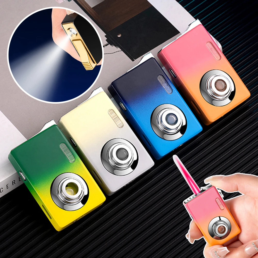 New Torch-Lighters Refillable Butane Torch-Lighter Personalized Camera Shape Men's Lighter with Led for Cigars Candle