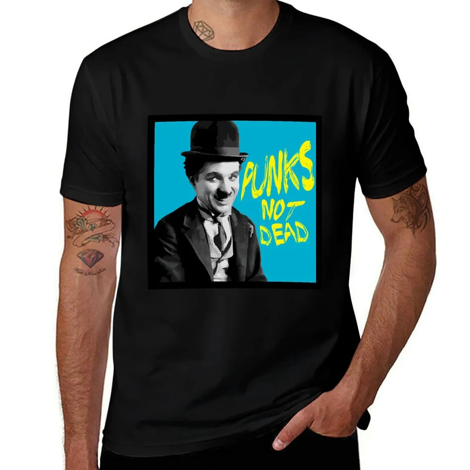 Punks not Dead Charlie Chaplin Typographic Illustration T-Shirt Casual Minimalist Short Sleeve Top T-Shirt