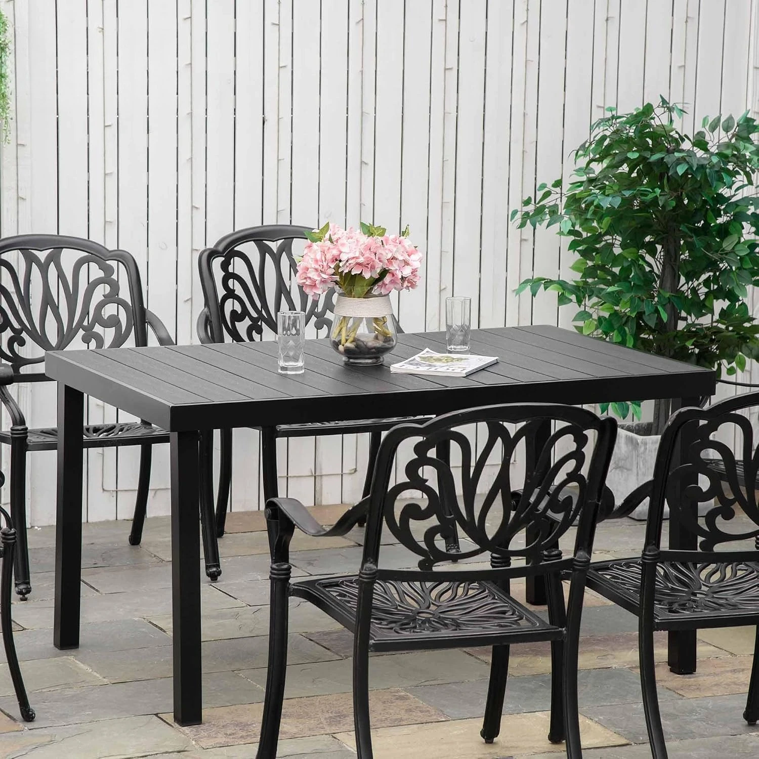 Outdoor Dining Table Patio Meal Desk Garden Backyard Furniture, All Weather Faux Wood Surface Sturdy Support Aluminum Legs, Modern Minimalist Leisure Style, Woodgrain Black, Single Unit