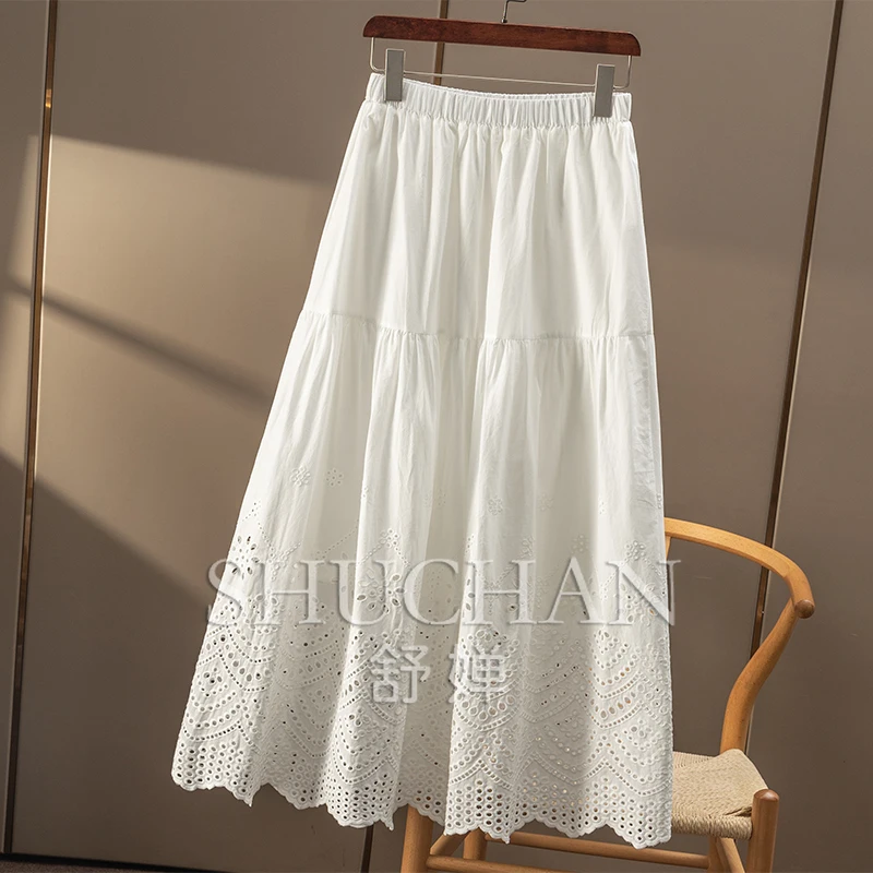 Hollow Out Embroidery Elastic High-waisted Pure Cotton A-shaped Skirt Women 31B8 Faldas Mujer Moda 2025
