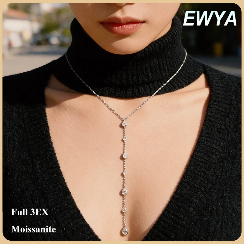 

EWYA Full Pear Round Cut Moissanite Pendant Necklace Bezel Setting Women s925 Silver Y-Style Long Tassel All Diamond Neck Chain
