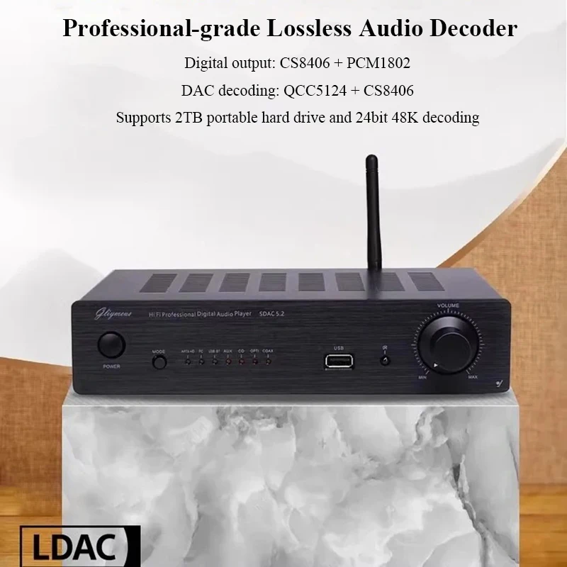 Decodificador de Áudio Digital HIFI Sem Perdas com DAC ES9039Q2M Integrado, Bluetooth 5.2 QCC5124, Saída Balanceada XLR, Reprodutor de Áudio de Nível Audiófilo