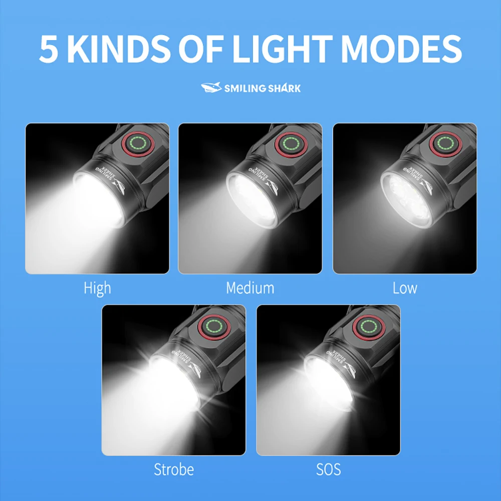 1 قطعة Smiling Shark SD-7143 LED مصباح يدوي، مصباح يدوي فائق السطوع، ضوء فلاش طويل الأمد قابل لإعادة الشحن للخارجية