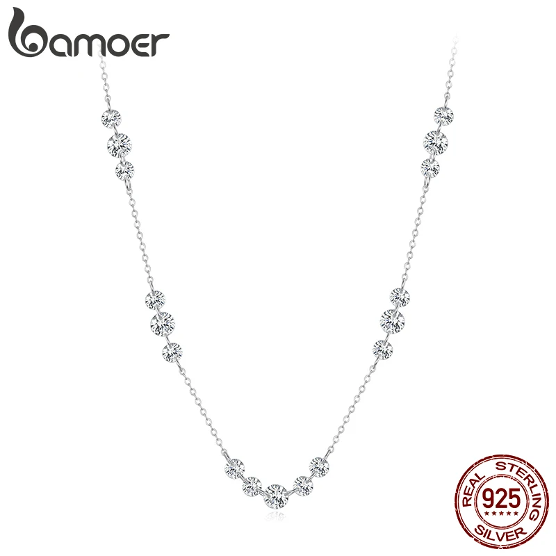 BAMOER 925 Sterling Silver Dancing Zircons Necklace Sparkling Crystal Round Beads O-Chain Link Original for Women Stacking Gift