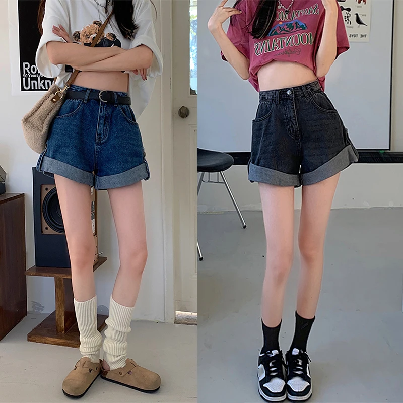 

2024 Woman High Waist Desighner Wide Leg Short Jeans Female Baggy Pants Girls Y2k 2000s Retro Blue Smoke Grey Loose Denim Shorts