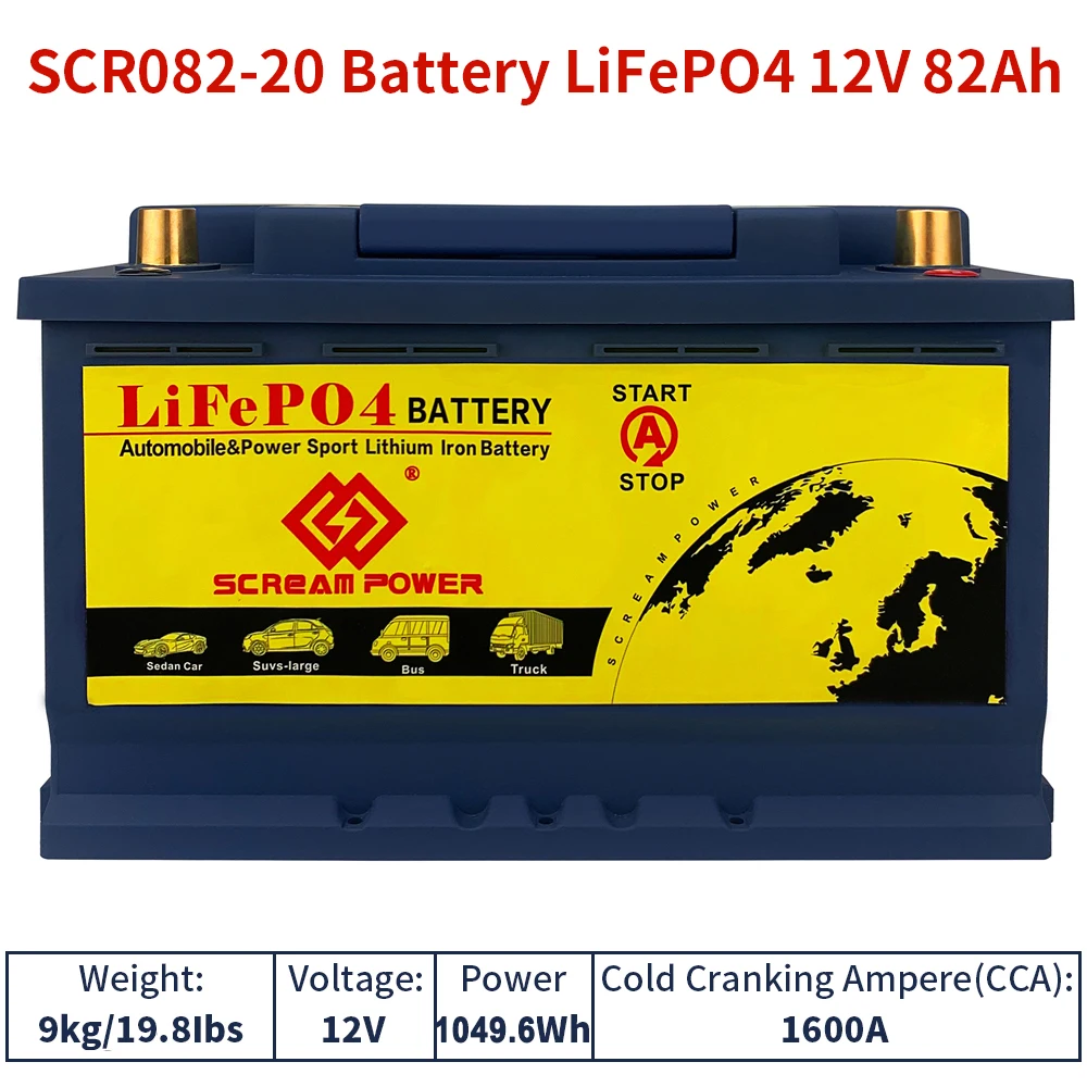 Scr082-20 12V 82AH Car LiFePO4 Battery 1049.6Wh 1600CCA Jump Starter With 200A BMS Protection For Car Starting, RV, Camping