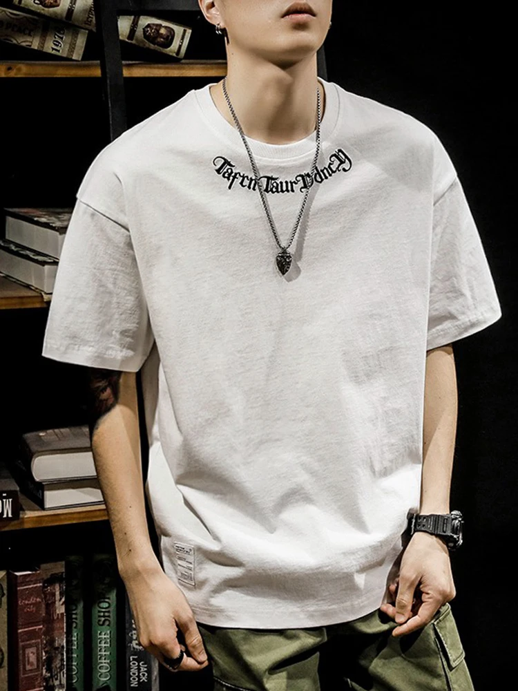 เสื้อยืดผ้าฝ้ายแท้หนานุ่มสำหรับฤดูร้อน แบรนด์แฟชั่นผู้ชาย ทรงหลวม ไซส์ใหญ่ สไตล์อเมริกันเรโทร คอกลม