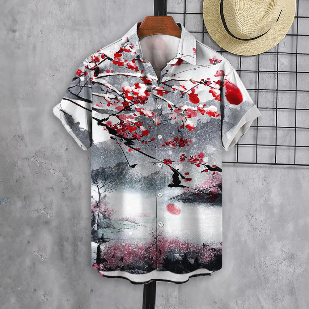 Summer Chinese Style Plum 3D Print Shirts Men Fashion Shirt Casual Vintage Streetwear Short Sleeve Shirt Blouse Man Clothing