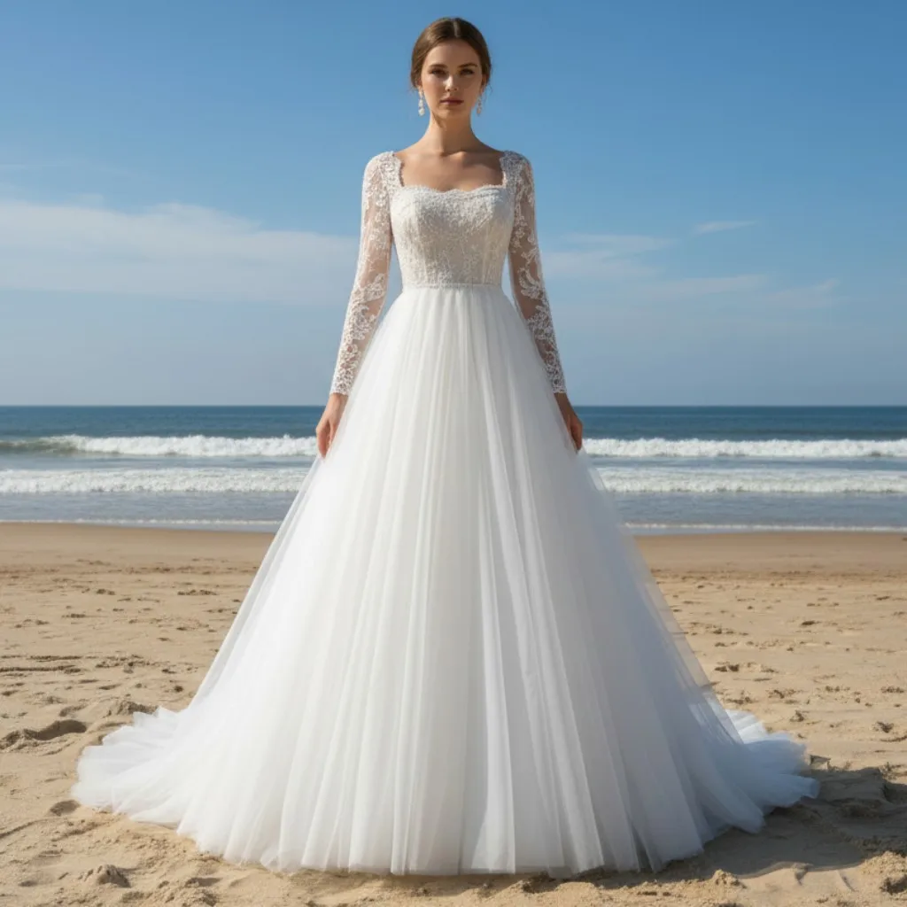 

Rosymae Elegant Square Neck Wedding Dress with Long Sleeves for Bride Gown Fitted Floor-Length Style فساتين سهرات