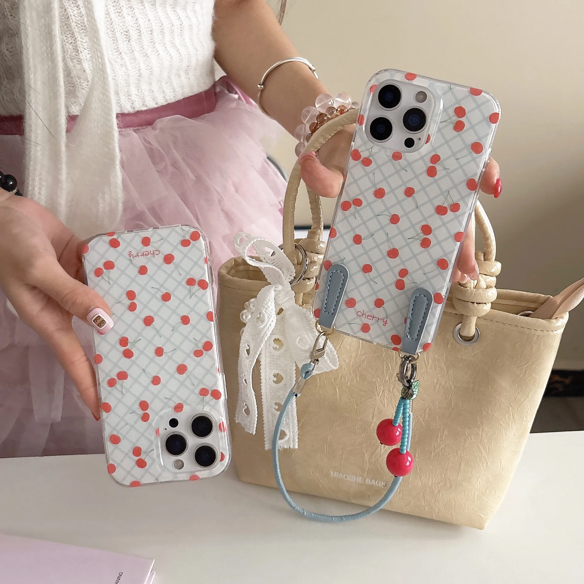 الكرز قلادة الأزرق شريط منقوشة لطيف أنيق جراب هاتف آيفون 16 15 14 13 برو ماكس حافظة لطيف الحلو الفاخرة الكرتون غطاء #2