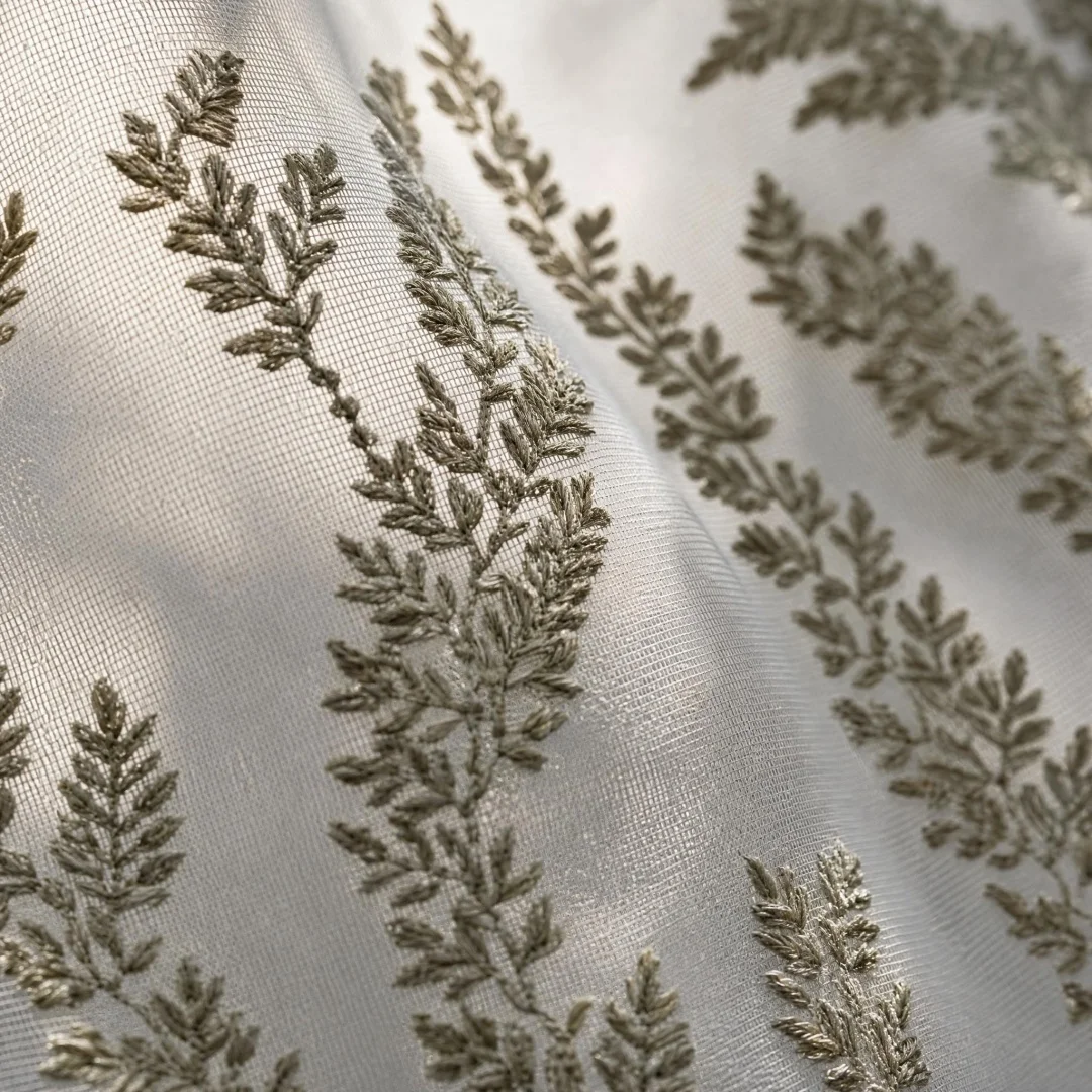 Farmhouse Embroidered Sheer Curtain, White Voile with Wheat Ear, Wavy Hem Light Filtering Tulle Drapes for Living Room, Bedroom