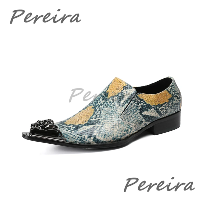 Vintage Snake Print Mixed Colors Dress Shoes Summer New Iron Toe Genuine Leather Low Heel Loafers Fashion Comfortable Men Shoes