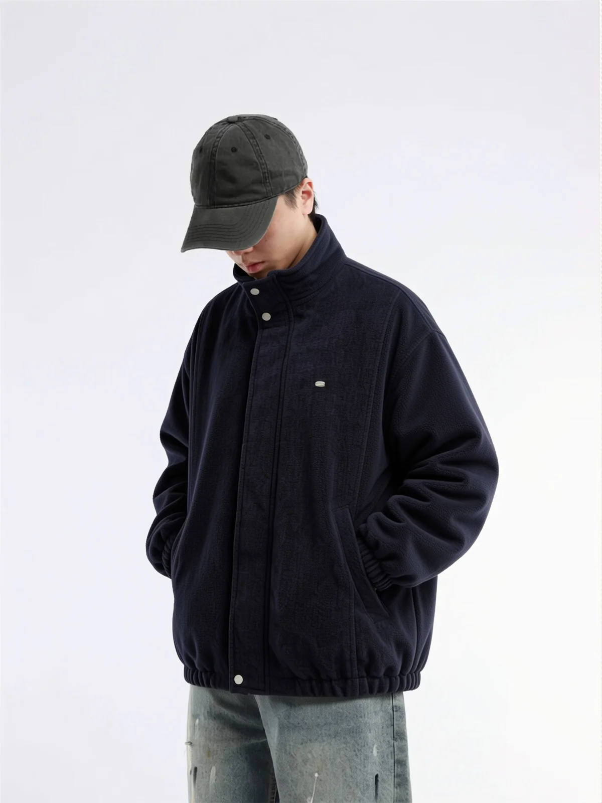 Autumn Winter Loose Fit Cotton Workwear Jacket Stand Collar Men's Youth Retro Warm Outerwear Blue Denim Style with Multiple P...