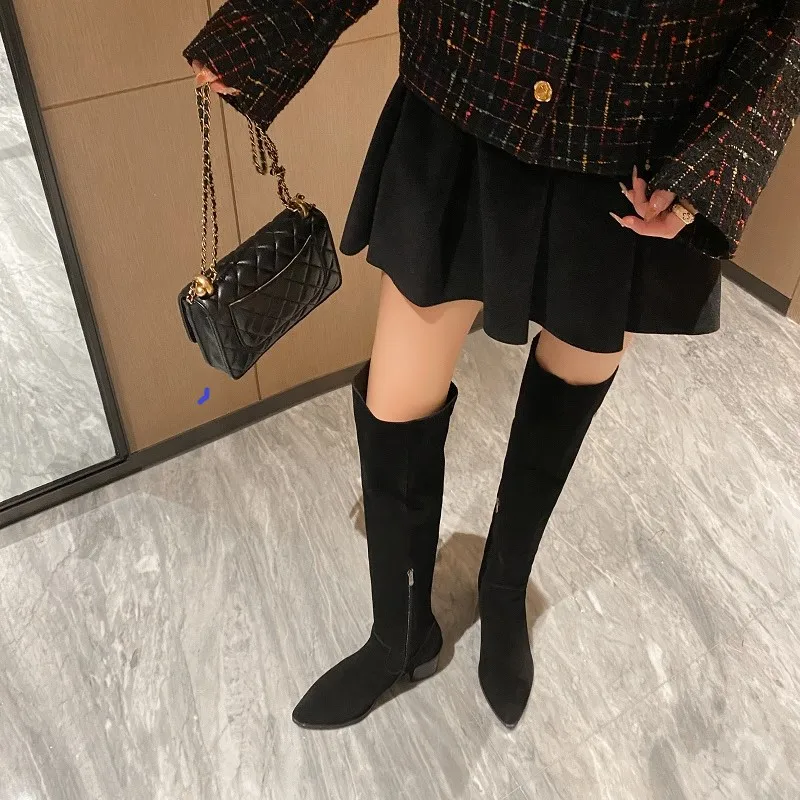 Over Knee High Boots Side Zip Pointed Toe Spring Autumn Woman Cowsuede Boots Chunky Heel Winter Boots Warm Shoes  Large size 41