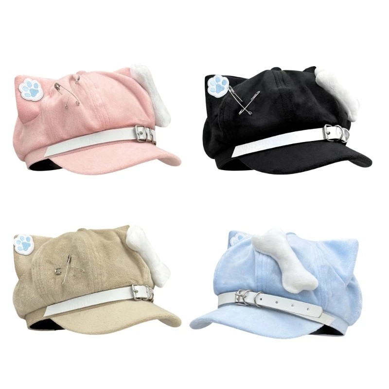 400A Fashion 2000s Cats Ear Hat Soft Cotton Octagonal Hat for Women Girl Daily Outfit Anime Theme Headwear for Winter Wear