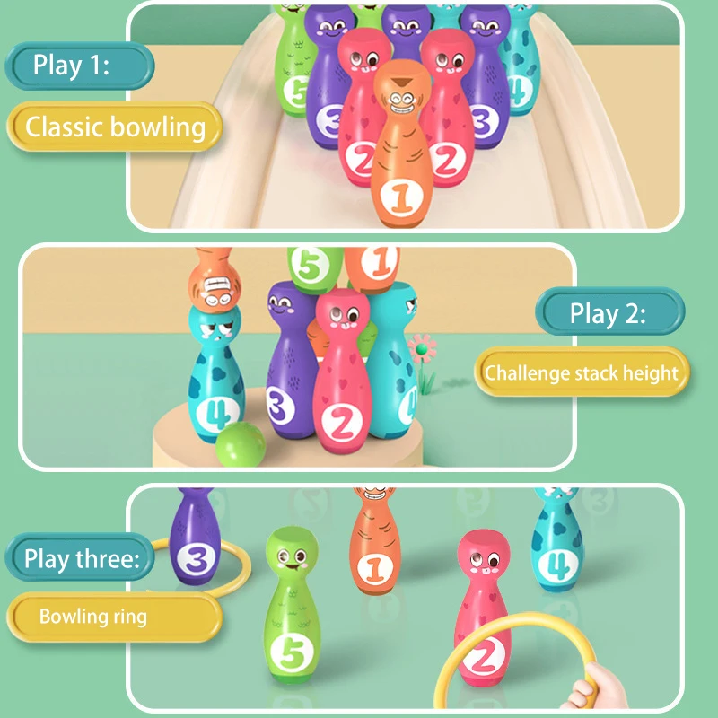 ชุดของเล่นกีฬาโบว์ลิ่งสำหรับเด็กพร้อมการแสดงอารมณ์การ์ตูนแสนสนุก กีฬาในร่มและกลางแจ้ง ของเล่นเสริมพัฒนาการเด็ก ของเล่นเสริมทักษะ ของขวัญ