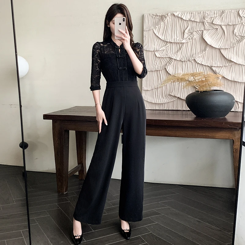 

Fashion Women Jumpsuits 2024 Spring Retro Chinese Style Cheonsam Collar Lace Wide Leg Overalls Casual Patchwork Draped Rompers