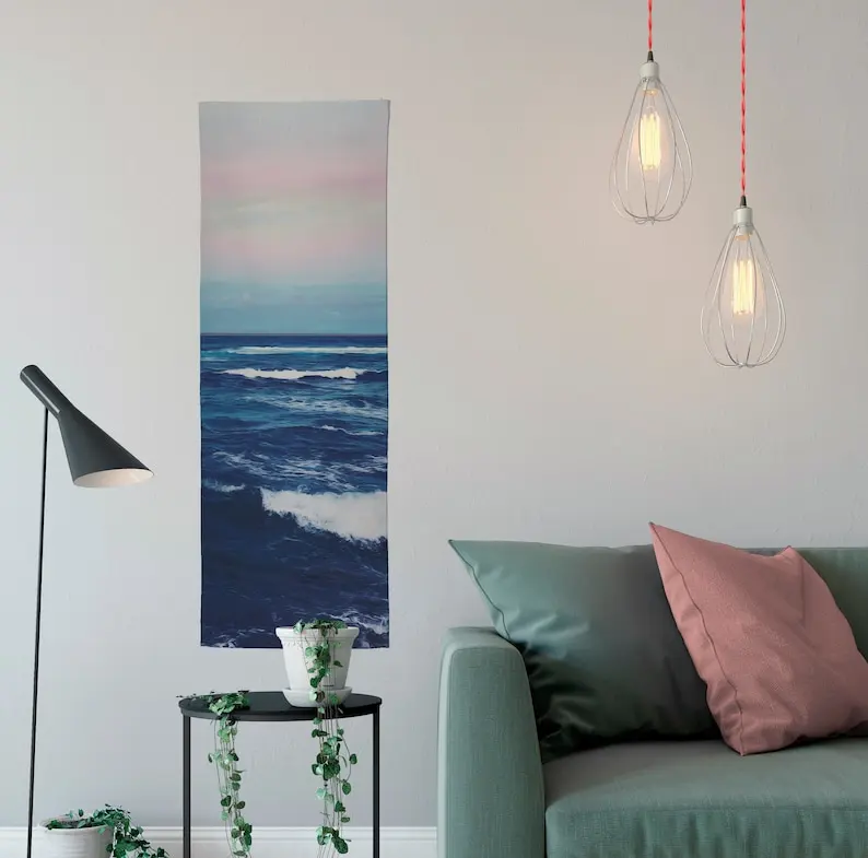 Dark Blue Ocean Long Wall Tapestry Blue and Pink Cotton Skinny