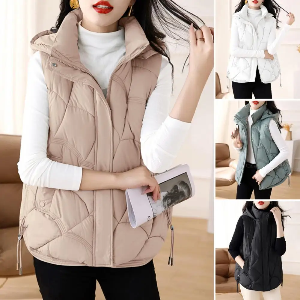 Fall Winter Vest Coat Stylish Women\'s Cotton Vest with Stand Collar Hooded Sleeveless Design Loose Fit Solid Color for Women