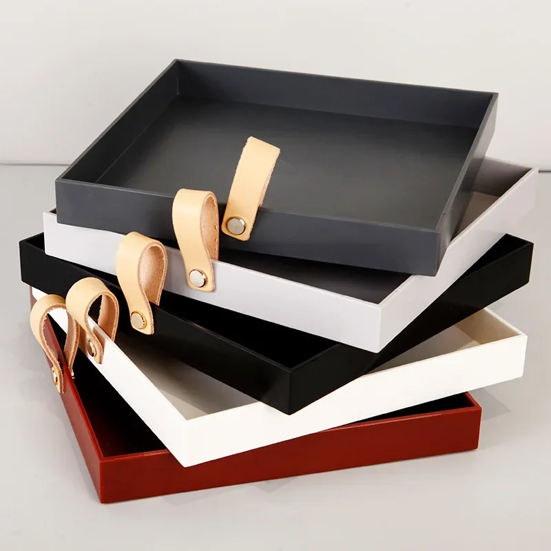 1Pc Creative Square PU Leather Serving Tray Decorative Dish Cosmetics Sundries Desktop Storage Plate with Handle