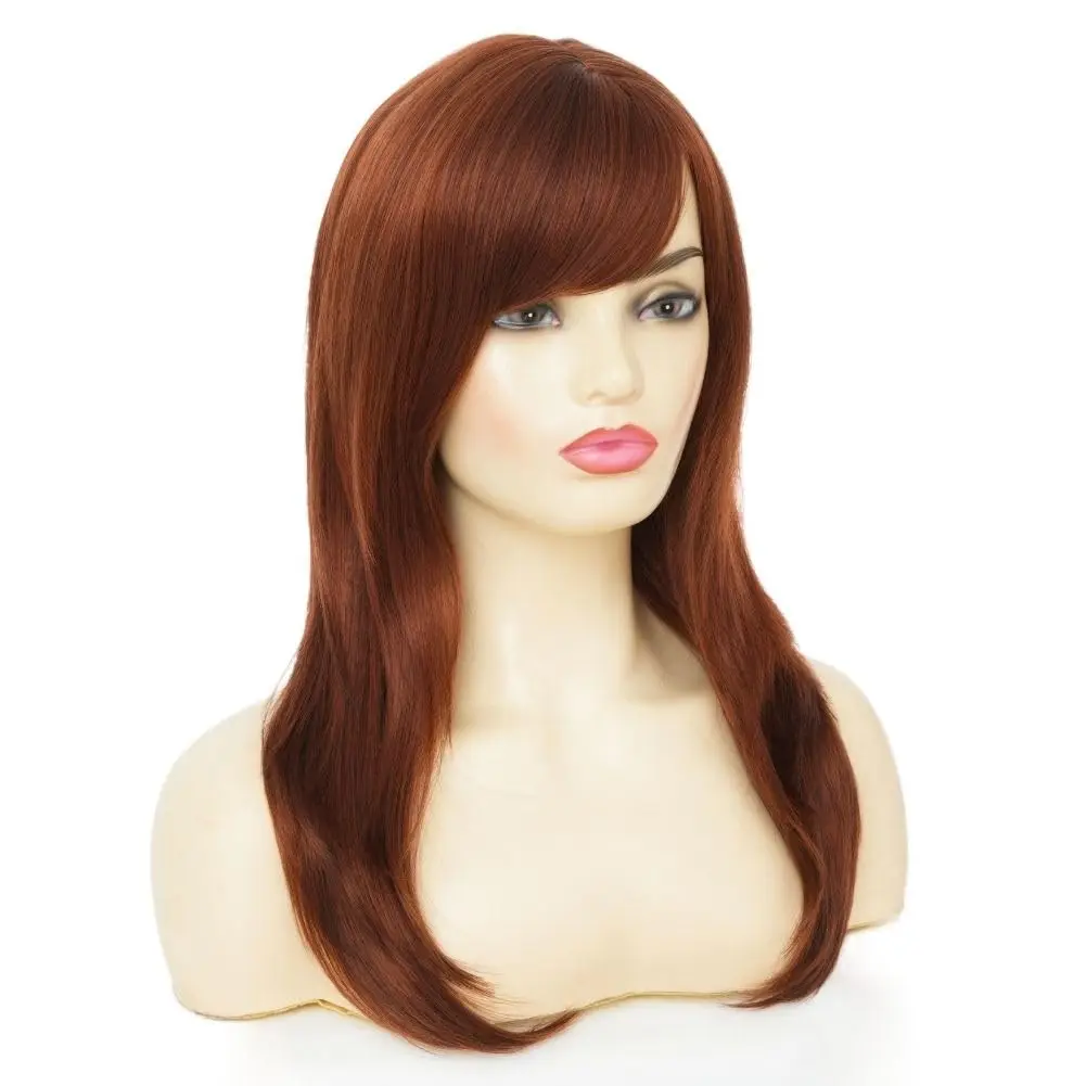 Reddish Brown Straight Wig for women Medium Length Layered Wig with Side Part Bangs Synthetic Wig for Daily Party Use