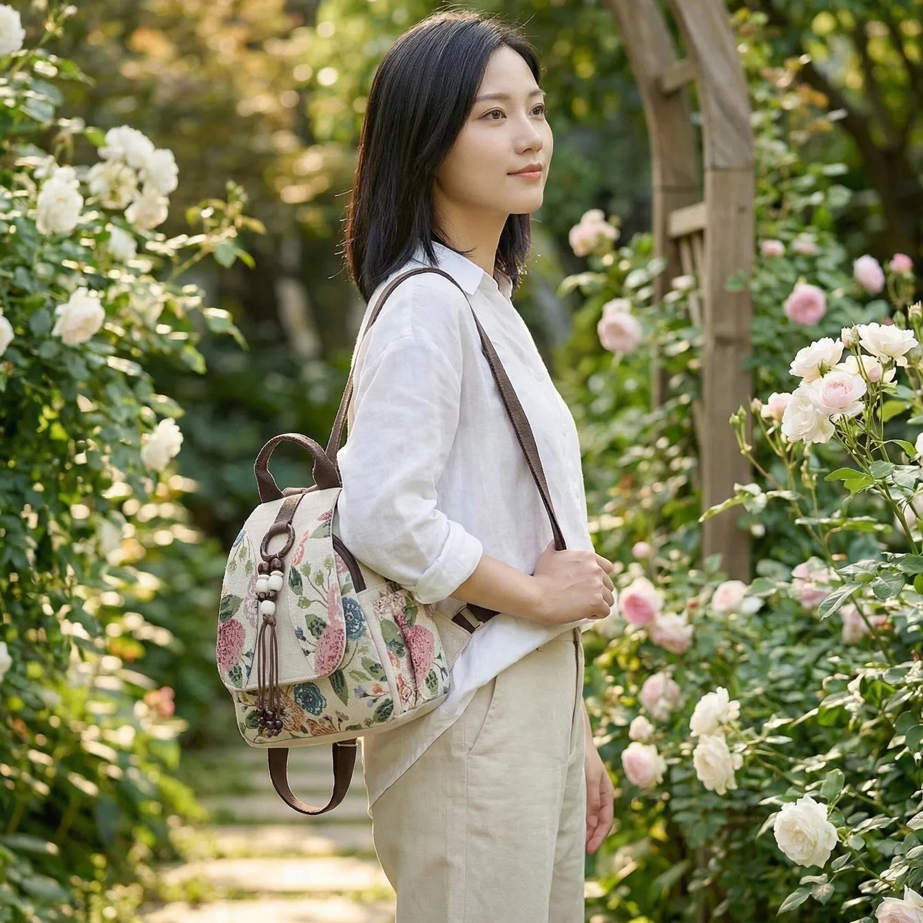 Vintage Floral Tapestry Backpack for Women Bohemian Bead Tassel Canvas Small Daypack Ethnic Style Travel Shoulder Bag - view 2