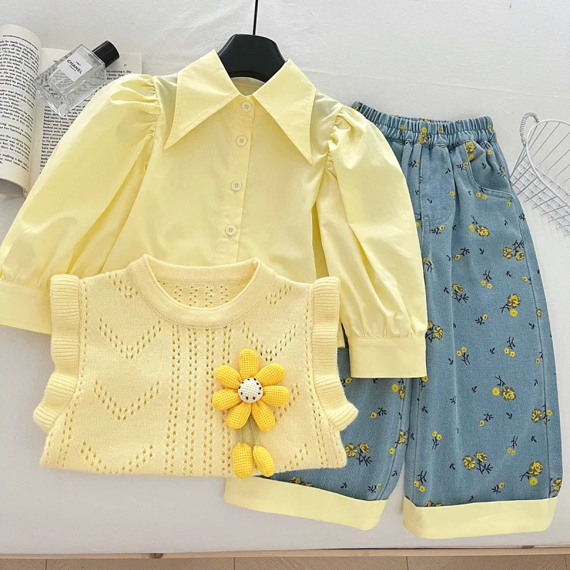 

Children's Denim Set New Autumn Style for Girls Sweet and Stylish Knitted Vest Shirt Long Pants Denim Three-Piece Set