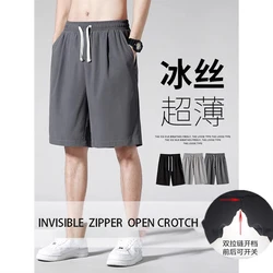 Pantalones cortos con cremallera Invisible para hombre, ropa Sexual con entrepierna abierta, ideal para exteriores, Verano